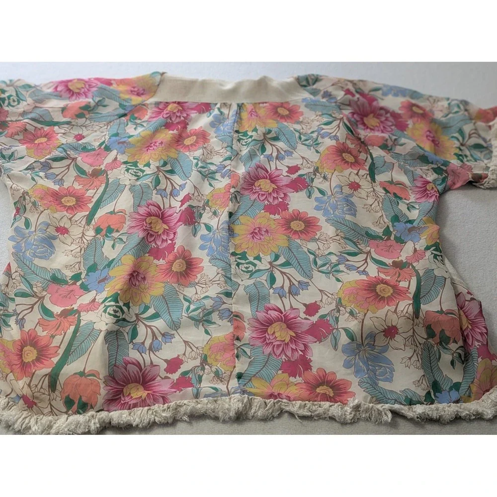 Umgee Kimono 3/4 Sleeve Fringe Hem Open Tunic Med Large Linen Oatmeal Floral‎ - Picture 7 of 11